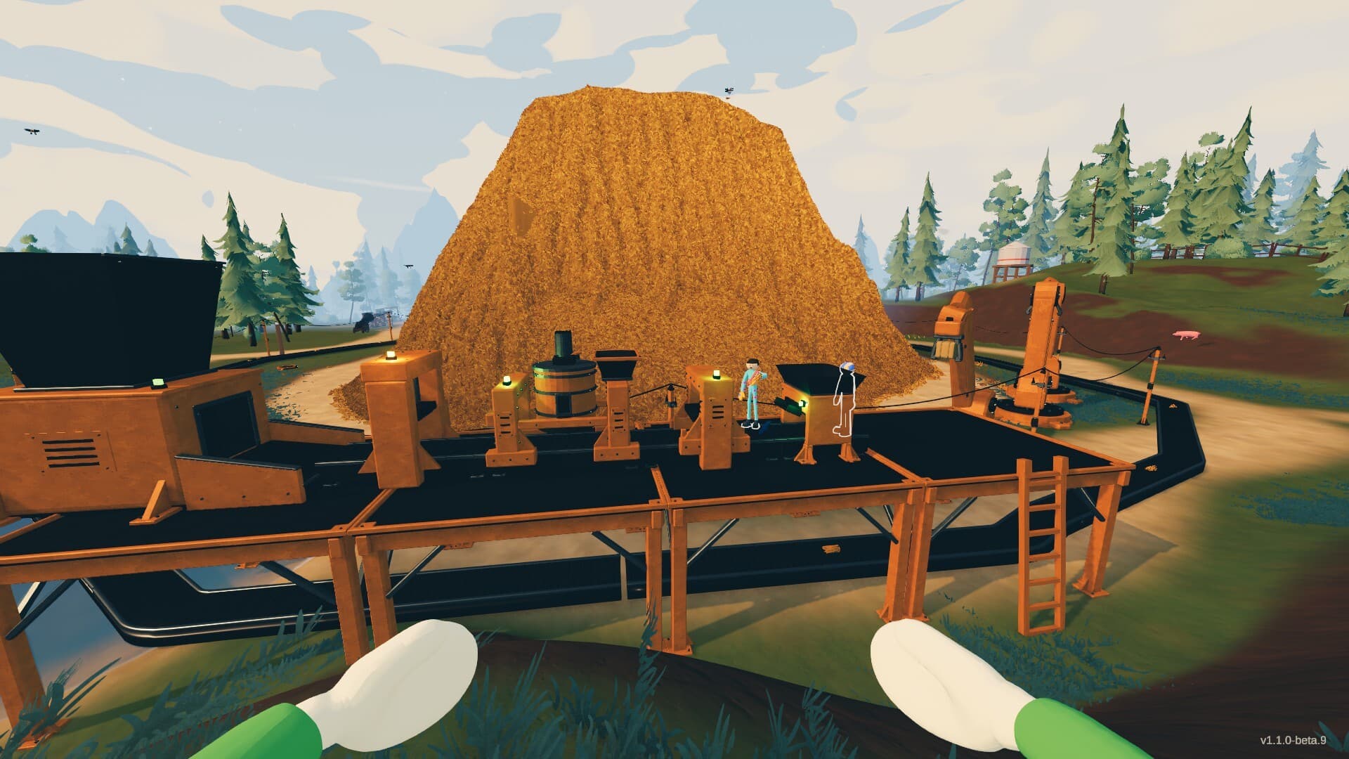 A conveyor belt carries hay away from the pile
