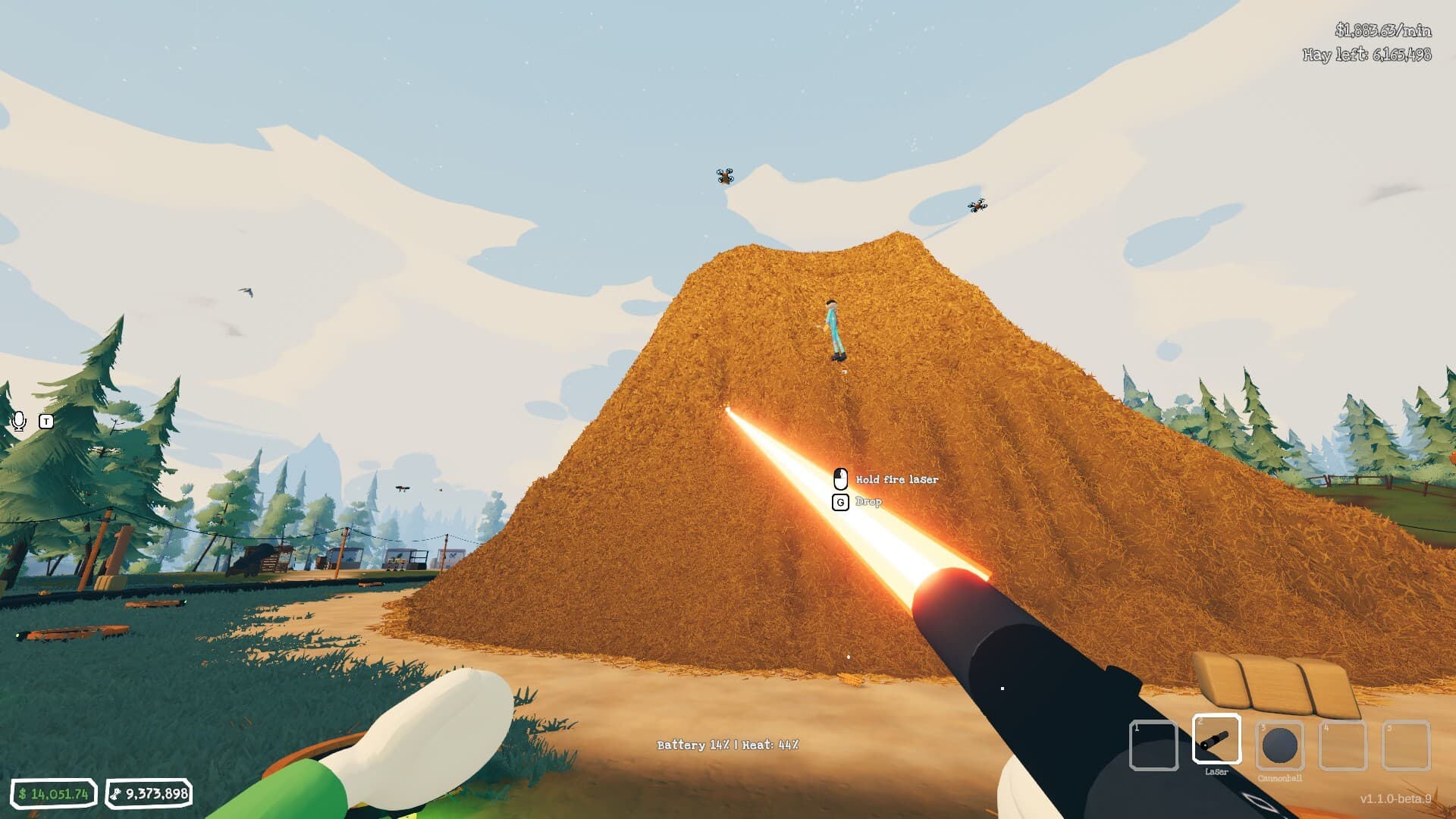 A player cuts into the haystack with a laser
